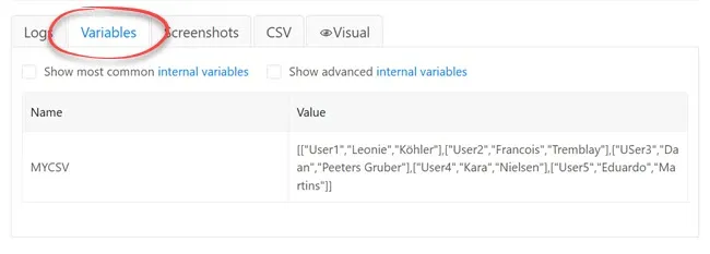 How to view array content in RPA Selenium IDE
