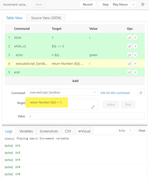 Use Selenium IDE WHILE/end to loop 5 times