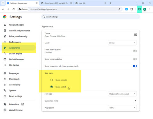 How to switch between left and right side panel