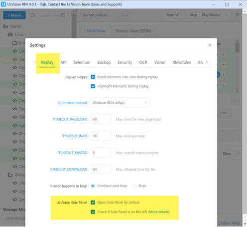 Side panel settings. Note especially the LEFT side panel checkbox